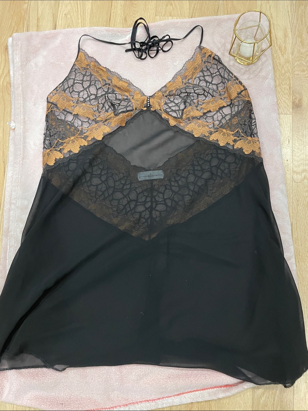 Raven & Sparrow by Stephanie Seymour "Suze" Black Lace Silk Chemise Slip - L